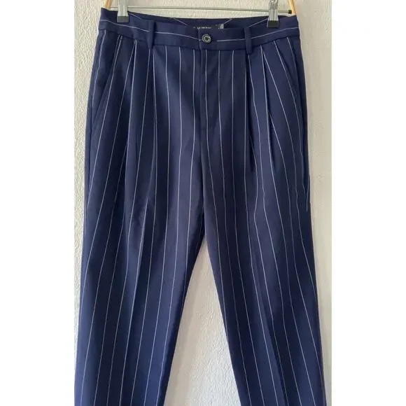 Lauren Ralph Lauren Black Label Pleated Navy Pinstripe Cuffed High Waist Sz 4 - Picture 2 of 14